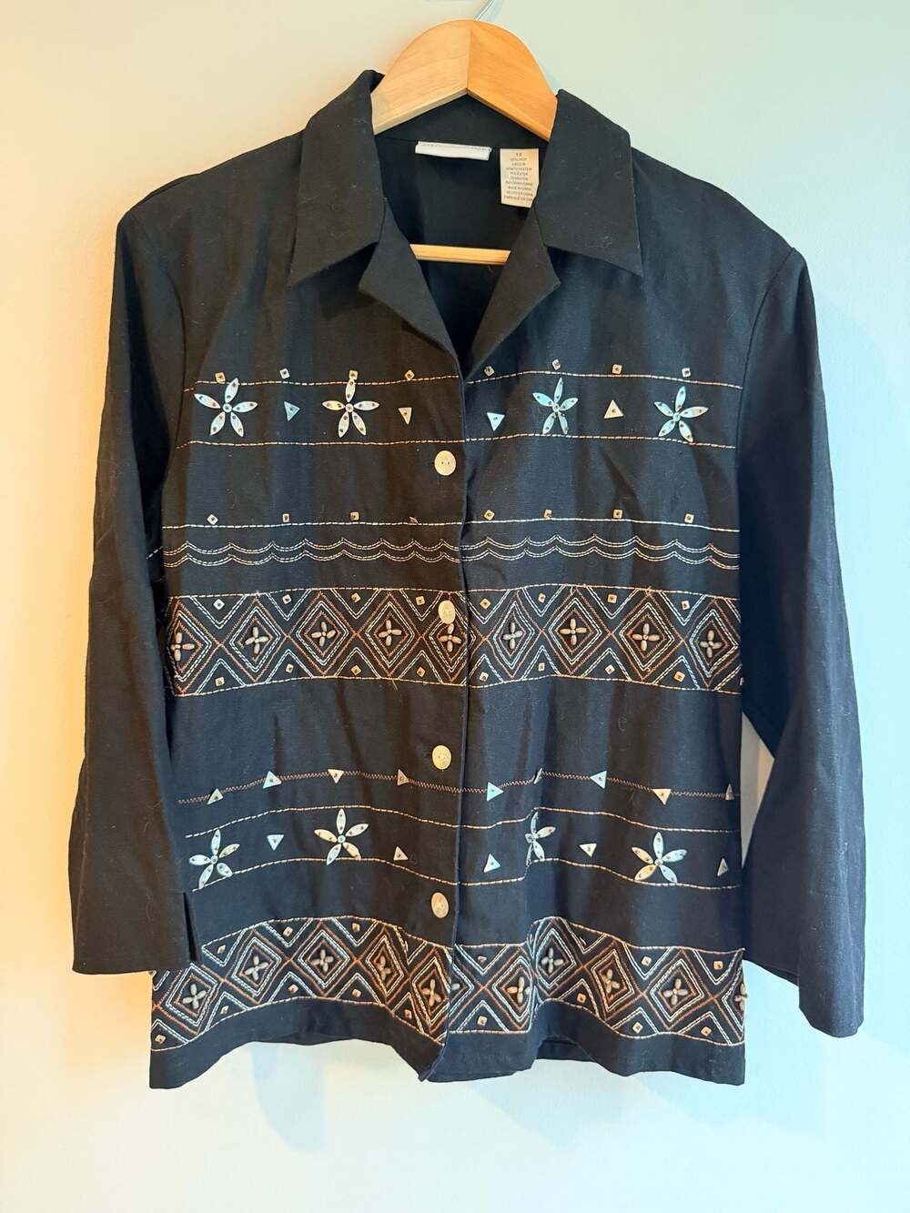 Alfred Dunner Black Embroidered Shell Embellished Linen Blend Blouse Size 12